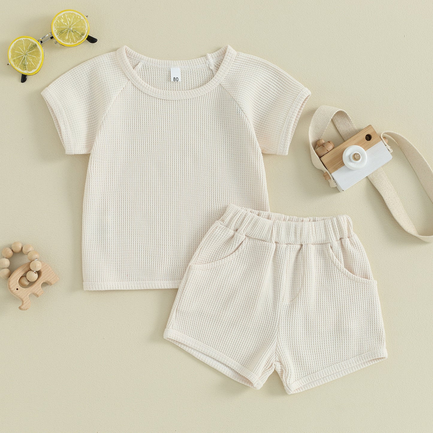 Waffle Short-sleeved T-shirt and Shorts Two-piece