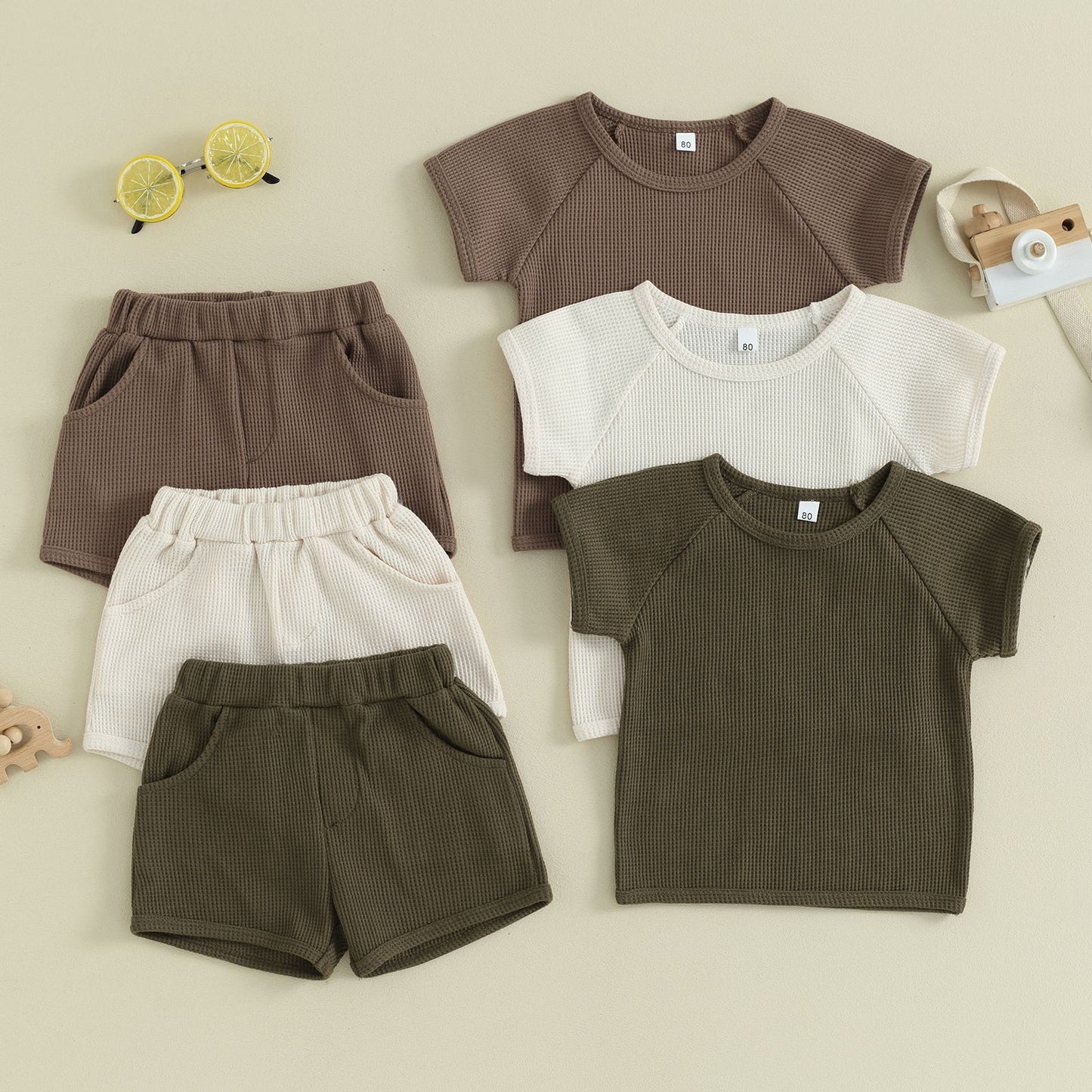 Waffle Short-sleeved T-shirt and Shorts Two-piece