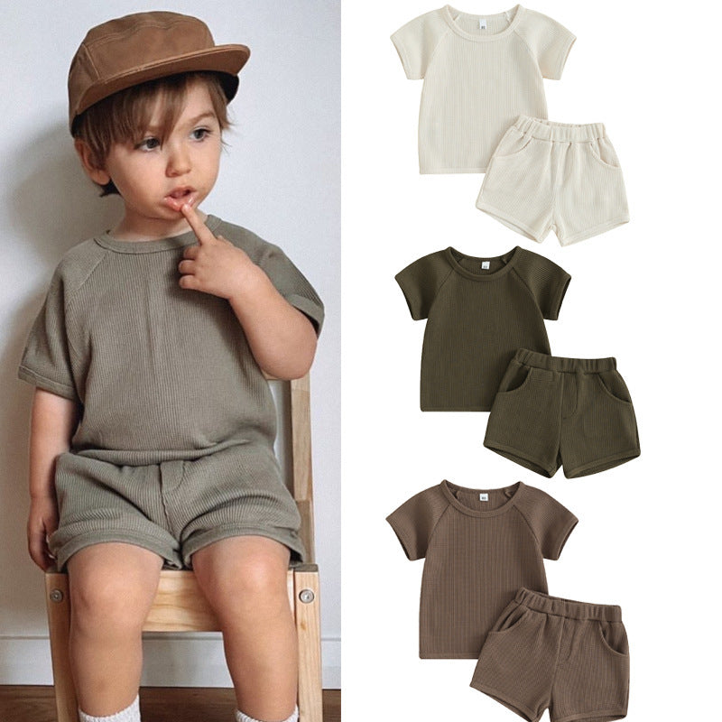 Waffle Short-sleeved T-shirt and Shorts Two-piece
